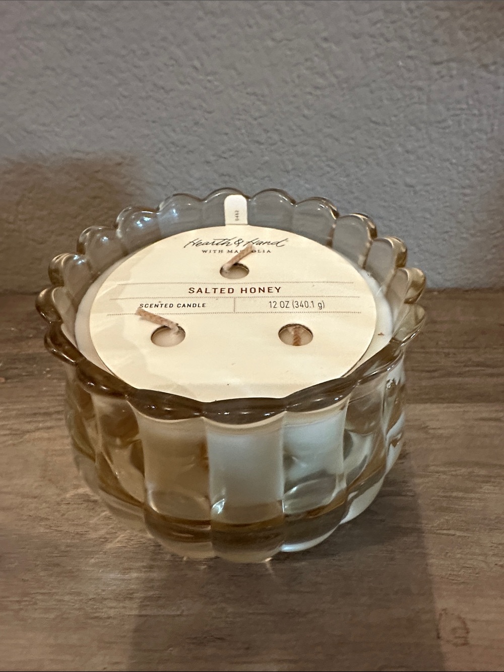New! Hearth & Hand With Magnolia Scalloped Brown Clear Glass Salted Honey Candle